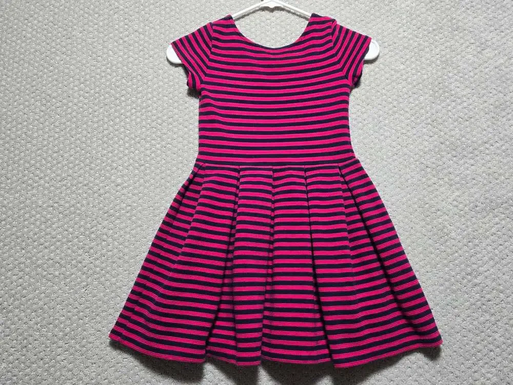 Polo Ralph Lauren Girls Pink and Navy Striped Short Sleeve Fit and Flare Dress